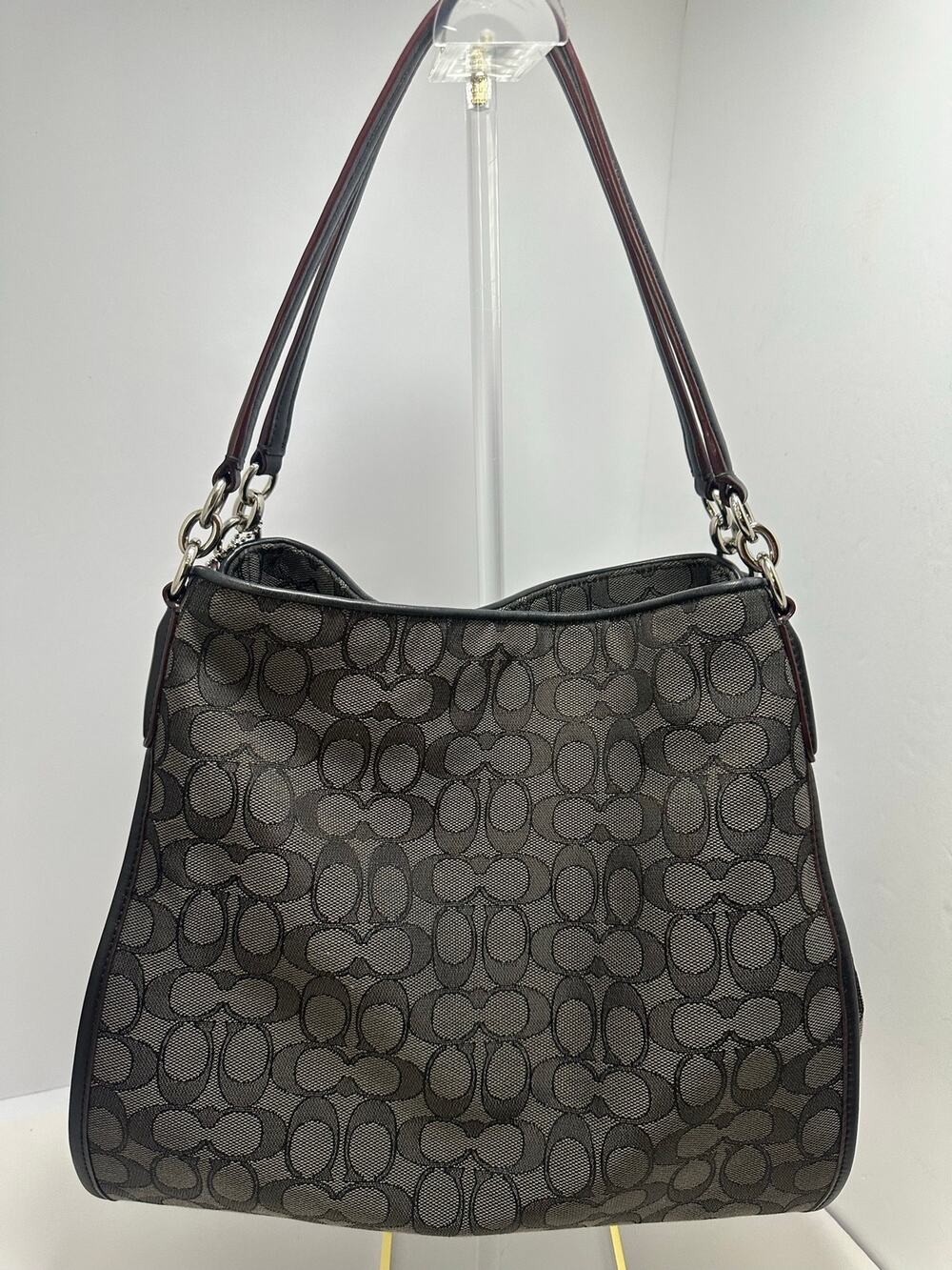 Coach Signature Jacquard Black Gray Leather Shoulder Tote Bag Triple Compartment